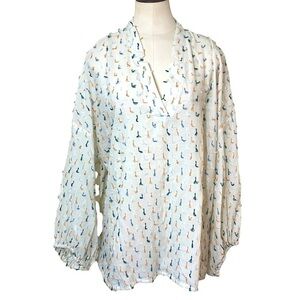 LOU & Grey Off White Boho Blouse XL Oversize Balloon Sleeves Colorful Thread